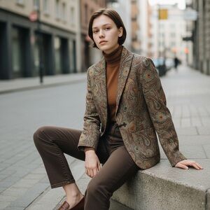 Peck & Peck Paisley Jacquard Blazer Brown Teal Boho Art Teacher Jacket Size 10